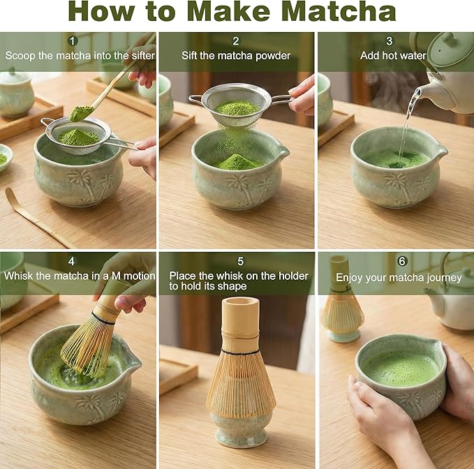 Matcha Whisk Set, Ceramic Matcha Kit Set Includes Matcha Bowl, Matcha Whisk and Holder, Bamboo Scoop, Scoop Rest, Sifter and Tea Towel - 7 Pcs Matcha Kit for Matcha Lovers (Matcha Green Coconut Tree)