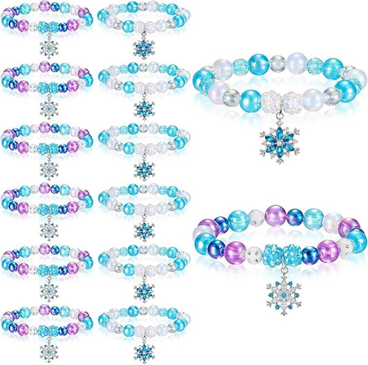 Ecally 12 Pcs Snowflake Party Favors Snowflake Beaded Bracelet Bulk Winter Christmas Party Supplies Jewelry Princess Birthday Prize Gifts for Girls Women
