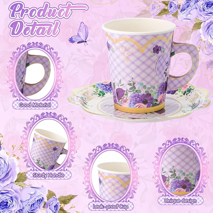 Tioncy 100 Pcs Tea Party Decorations Include 50 Pieces 9 oz Paper Tea Cups with Handle and 50 Plates Disposable Teacups and Saucers Sets for Birthday(Flower)