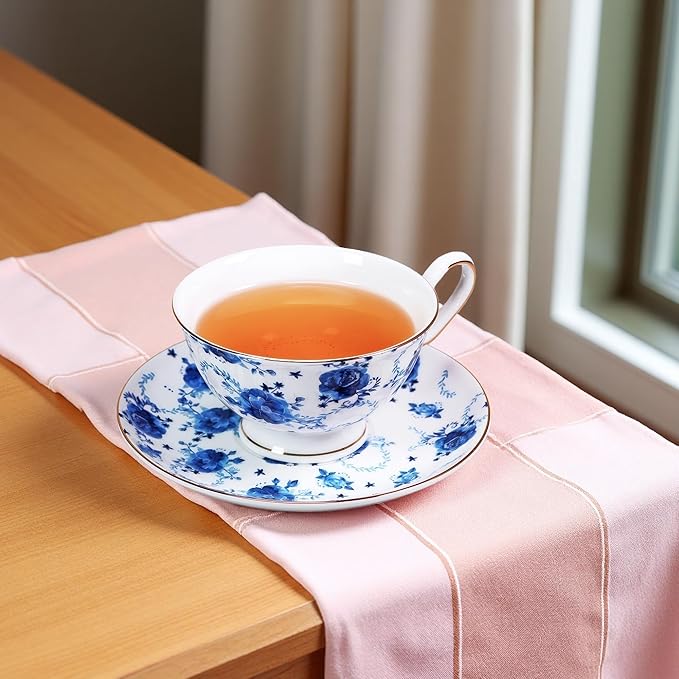 Tea cup and Saucer Set Royal Garden Style Tea Coffee Cup with Saucer 7 Ounces Bone China Teacup and saucer Set (Blue flower)