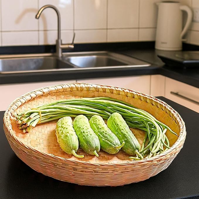 Bamboo Tray，Food Flatware trays，Bamboo and Rattan Fruit and Vegetable Basket with Flat Bottom,For Table, Kitchen,Outdoor Gathering and Dining Room Service or Decoration 2 Piece Set 餐厅服务托盘