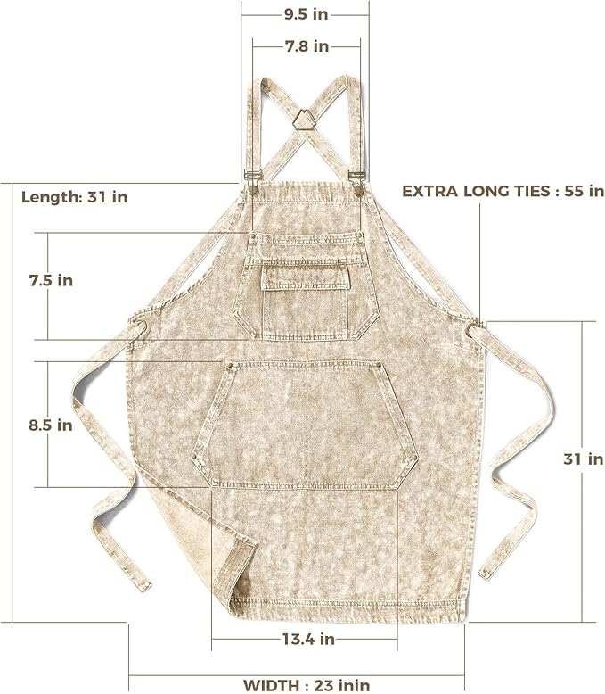 Denim Apron with Pockets for Hair Stylist Gardening Craftsmen Barista Women Hairdresser Jean Work Apron Cross Straps
