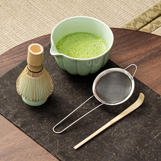 Matcha Whisk Set, Matcha Set Includes Ceramic Matcha Bowl, Bamboo Whisk, Scoop, Chasen Holder, Sifter - 5 Pcs Perfect Matcha Kit for Matcha Lover (Emerald Green)