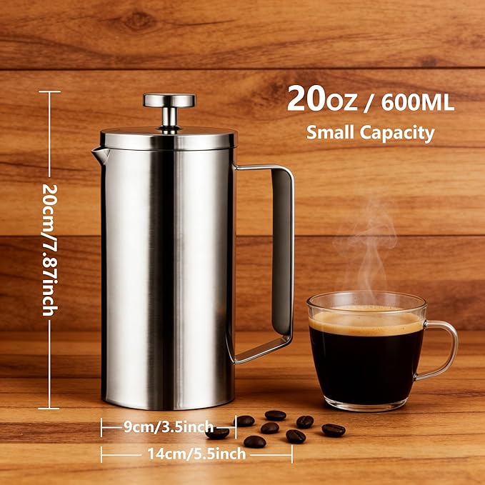 small French Press Coffee Maker 600ml, Double-Wall Insulated French Press Coffee Press Stainless Steel for travel camping, Silicone handle (2-4cup, 20 OZ) silver