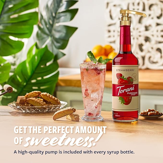 Torani Puremade Syrup, Strawberry Flavoring for Drinks, GMO Free, Glass Bottle with Pump Included, 25.4 Fl Oz