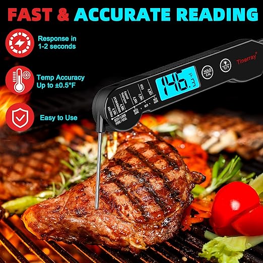 Digital Meat Thermometer for Chef Gifts Cooking, Grilling & BBQ - Ultra-Fast Instant Read Thermometer with Waterproof Design,Backlight & Calibration - Perfect for Deep Frying, Turkey, Beef (Black)