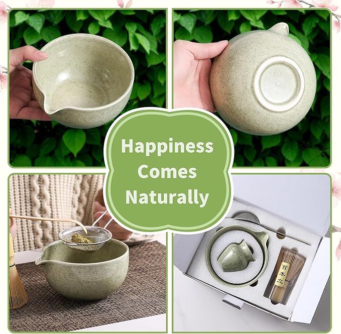 Matcha Whisk Set 5 Pcs, Matcha Kit Set Includes Matcha Bowl, Matcha Whisk and Holder, Bamboo Scoop and Sifter, Ceramic Matcha Set, Matcha Tea Set, Ideal Gift for Family/Friend (Green)