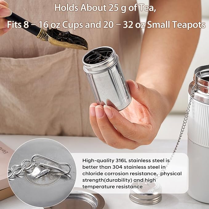316L Stainless Steel Tea Infuser – Extra Fine Mesh Loose Leaf Tea Steeper for 8–16 oz Mugs, Bottles & Small Teapots, Dishwasher Safe (1 Pack)