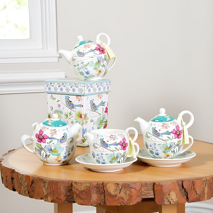 Lightahead Bone China Tea for One Set in Floral Design, in attractive Reusable Handmade Gift Box (With Ribbon)