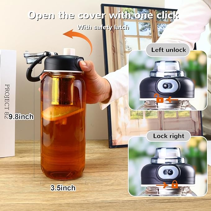 34oz Glass Water Bottle with capacity Mark & Stainless Steel Tea Strainer-Large Capacity for Hot/Cold Drinks,Coffee,Tea,and Water-Includes Protective Sleeve,Perfect for Home,Office (34oz)