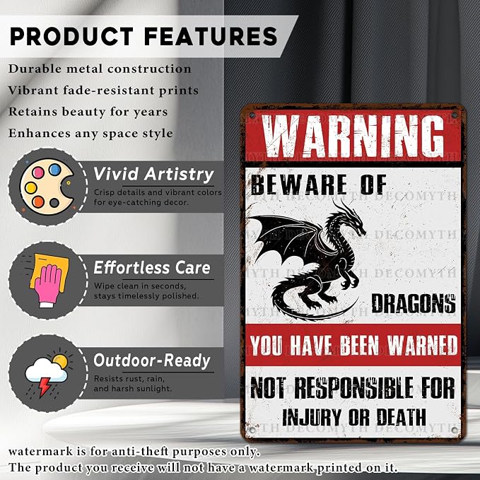 Beware of Dragons Retro Metal Tin Sign for Garden Kitchen Office Home Bar Cafe Decor 12 * 8inch - Image 2