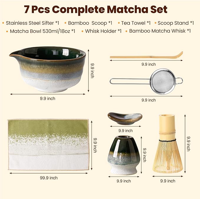 Matcha Whisk Set, Ceramic Matcha Kit Desert Style, Matcha Whisk and Bowl, Bamboo Scoop and Rest, Sifter and Tea Towel, 7 Pcs Gifts for Matcha Lover - Dark Green
