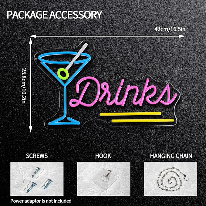 Drinks Neon Sign Dimmable Cocktail Neon Light Sign for Wall Decor Blue Pink Letters Led Signs for Bar Party Man Cave Pub Restaurant Bistro Room Decor Gift for Boys 16.5" x 10.2"