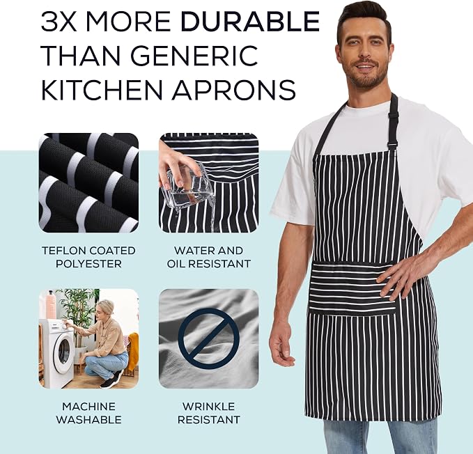 Will Well 2 Pack Bib Apron For Men & Women with 2 Pockets - Black Stripe | Unisex 33'' x 27'' Oil & Water Resistant Soft Kitchen Chef Apron with Adjustable Neck Strap & 38'' Waist Ties for Snug Fit - Image 2