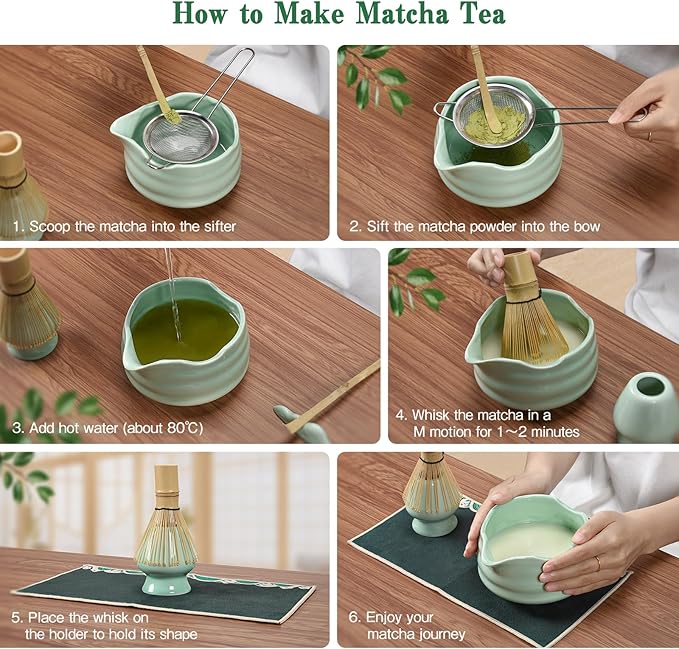 Matcha Whisk Set: 7 Pcs Ceramic Matcha Set with Bowl, Whisk, Holder, Scoop, Sifter, Rest & Towel – Japanese Matcha Kit Gift (Green)