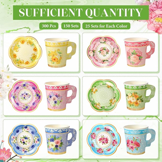 Nuogo 300Pcs Floral Paper Tea Cups and Saucers 7 OZ Disposable Tea Cup with Handle and Plates for Garden Party Supplies Wedding Birthday Baby Shower Bridal Mother's Day, Serve 150 Guest(Fresh Color)