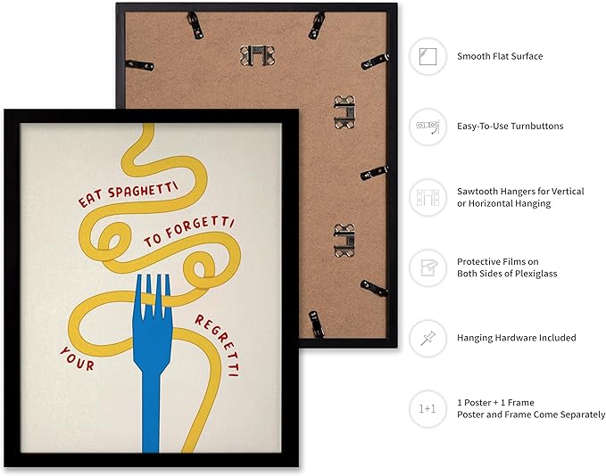Poster Master Spaghetti Poster - Eat Spaghetti To Forgetti Your Regretti Print - Food & Drink Art - Gift for Chef, Cook - Fun Decor for Restaurant, Kitchen, Dining Room, 16x20 Black Framed