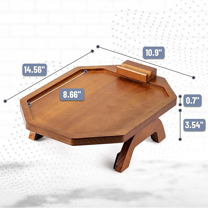 BAMBOO LAND- Couch Arm Tray, Wooden Folding Couch Armrest Table, Octagonal Clip-On Sofa Arm Tray with 360° Rotating Phone Holder
