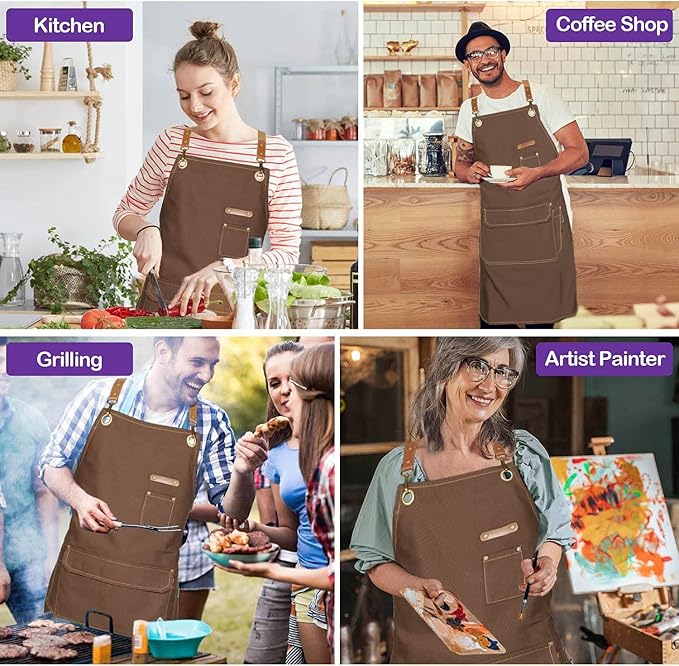 Chef Apron with Cross Back Straps for Men Women, Cotton Canvas Apron for Artists Painting, Kitchen Cooking - Image 7