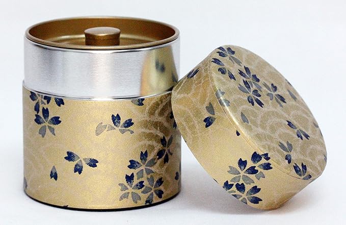 Washi Paper Tea Tin Canister: Wide 3.5oz (100g) Blue and Gold cherry blossoms (#106), Japan