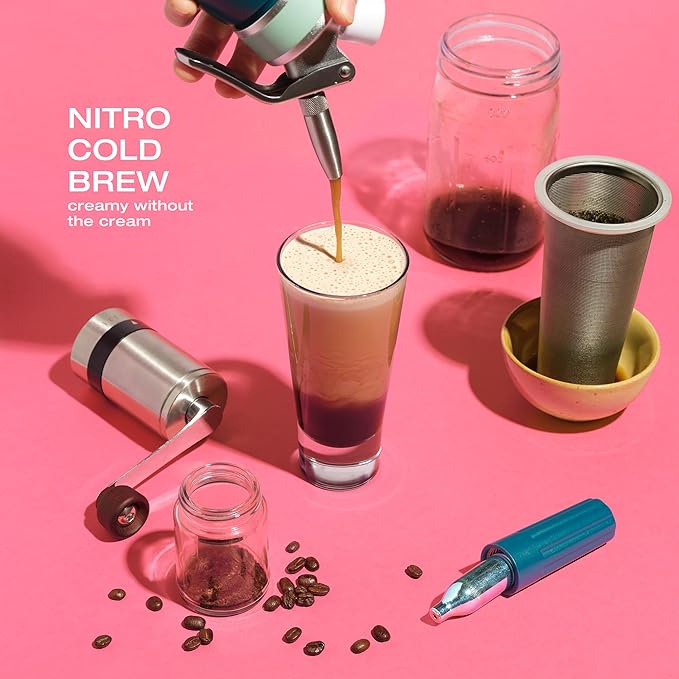 1L Nitro Coffee Maker, Aluminum Nitro Cold Brew Coffee Maker with Special Nitro Diffuser Nozzle & Cold Brew Maker for Making Nitro Cold Brew, 1 Quart/1L, Includes (10) Nitro Cartridges