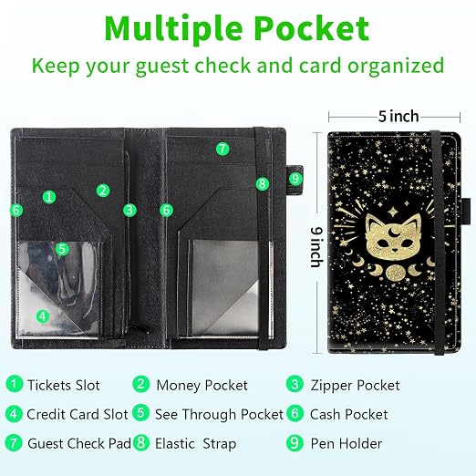 Server Books for Waitress, 5x9 Inch Waitstaff Server Order Pads, 11 Large Pockets, Cute PU Leather Waitress Book Server Wallet with Elastic Band Fit Server Apron,Golden Cat Moon Stars - Image 3
