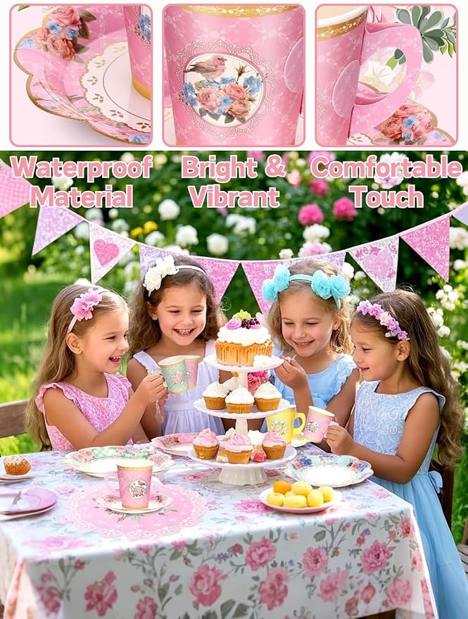 32 Set Floral Paper Tea Cups(8.5 oz) with Handle & 6" Saucers Set, 64pcs Disposable Tea Cup Saucer for Cold & Hot Drinks Serves 32 for Tea Party Wedding Baby Shower Party Supplies