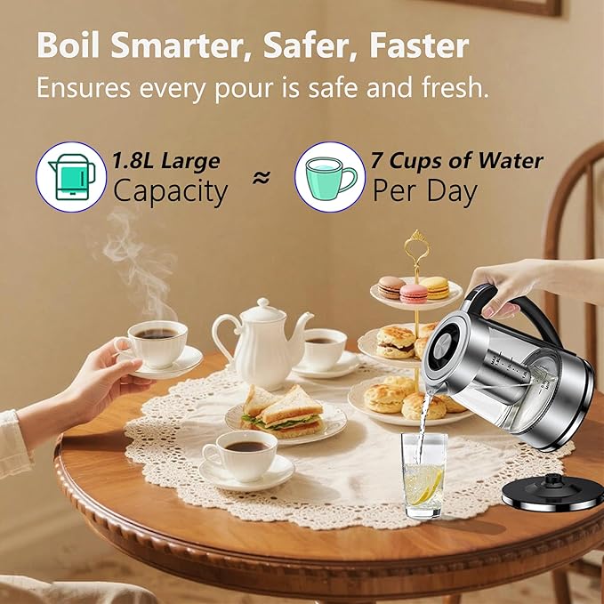 Electric Kettle with Temperature Control for Tea and Coffee, 1.8L 1500W, Keep Warm - Removable Infuser, Glass Tea Kettle Hot Water Boiler, BPA Free, Auto Shut Off, Boil-Dry Protection, Stainless Steel