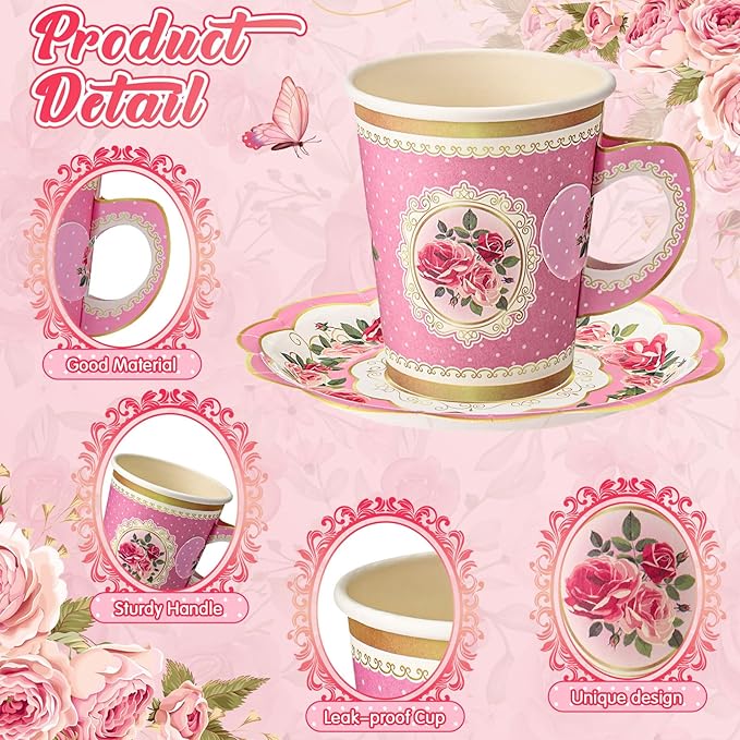 Tioncy 100 Pcs Tea Party Decorations Include 50 Pieces 9 oz Paper Tea Cups with Handle and 50 Plates Disposable Teacups and Saucers Sets for Birthday(Floral)