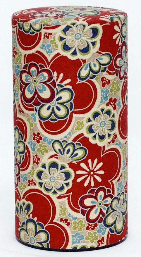 Washi Paper Tea Tin Canister: Long 7oz (200g) Red Plum-Blossoms Kimono (#111), Japan