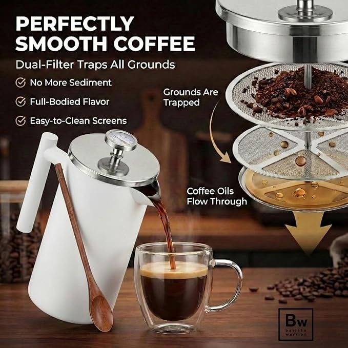 Barista Warrior French Press Coffee Maker Stainless Steel with Built-In Thermometer - Insulated Double Wall Design, Dual Filter System, Stay-Cool Handle & Wood Spoon - White