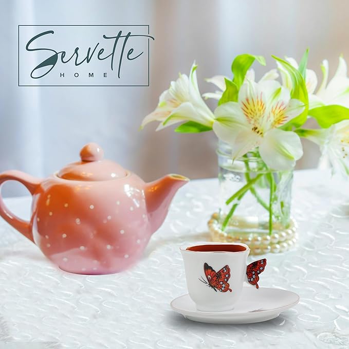 Servette Home Cup and Saucer Set - Mini Coffee Mug with Plate Tea Set - Ceramic Butterfly Design