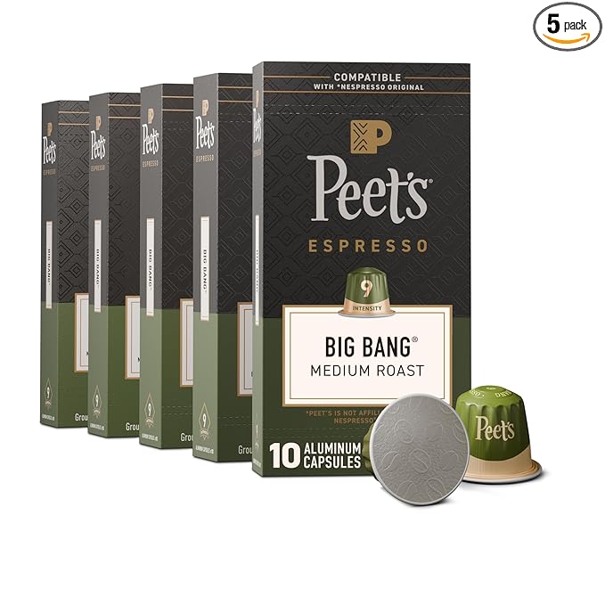 Peet's Coffee, Medium Roast Espresso Capsules, Compatible with Nespresso Original Machines, 100% Arabica Coffee - Big Bang Intensity 9, 50 Count (5 Boxes of 10 Espresso Capsules)