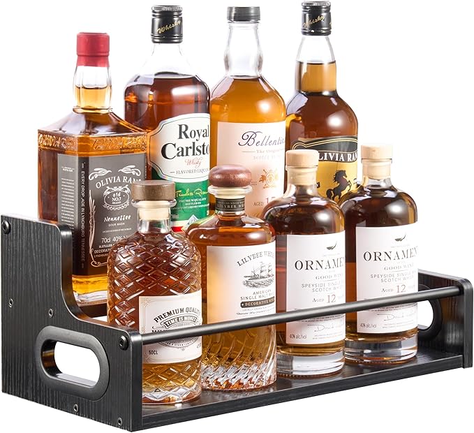 YQBRAO 2-Tier Liquor Bottle Display Shelf, Coffee Syrup Rack Organizer, Water Bottle Organizer, Mini Bar Cabinet, Rustic Bar Shelves for Liquor Whiskey, Spirits（Black）