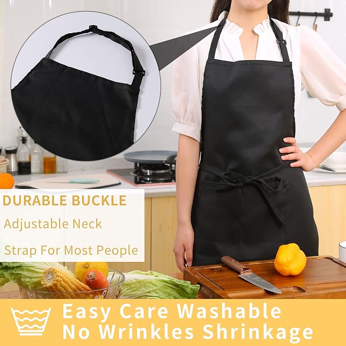 Tosewever 2 Pack Adjustable Bib Apron, Waterdrop Resistant Aprons with 2 Pockets Cooking Kitchen Restaurant Aprons for Women Men Chef, BBQ Drawing Crafting Outdoors (Polyester - Black & White, 2) - Image 4
