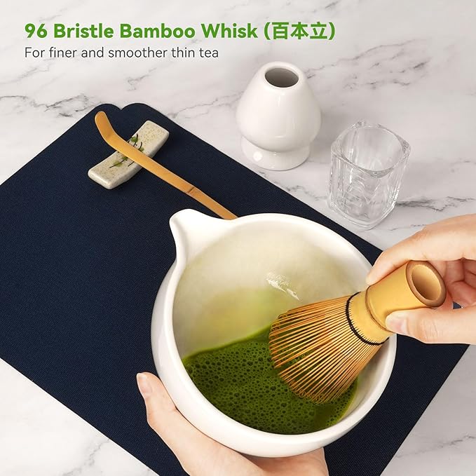 Matcha Whisk Set, Matcha Kit 10-Pcs, Bamboo Whisk and Bowl with Spout & Measuring Spoon & Glass, Japanese Tea Making Tools, White