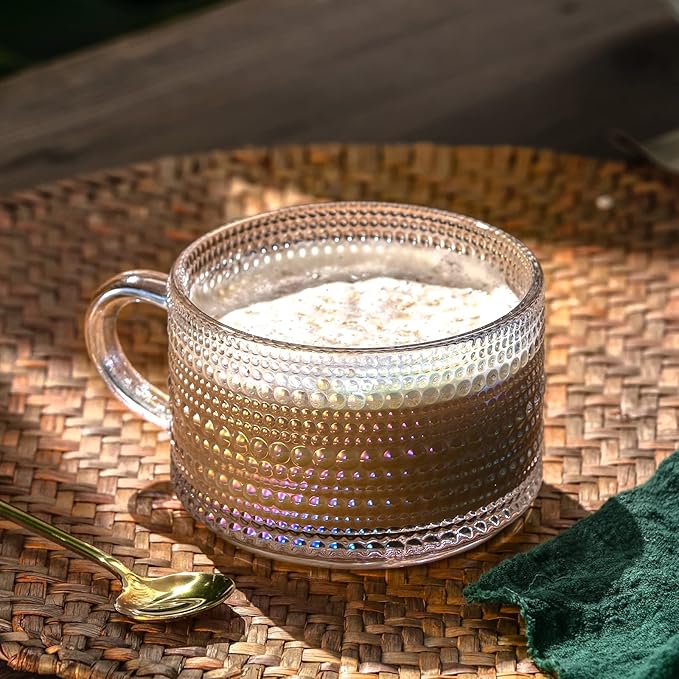 Gezzeny Vintage Glass Coffee Mugs 14 Oz Set of 2 Iridescent Embossed, Tea Cups,Glass Coffee Cups for Cappuccino, Latte,Cereal, Yogurt, Beverage Christmas Thanksgiving Day Gifts