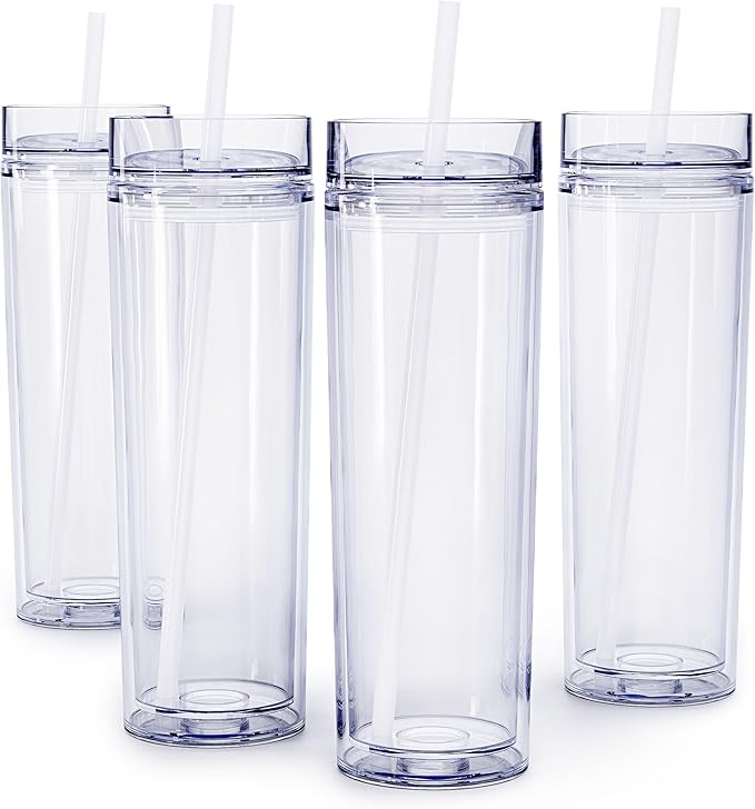 Maars Skinny Clear Tumbler with Lid and Straw | 16oz Premium Acrylic, Insulated Double Wall Plastic Reusable Water Cups, BPA-Free To Go Cups for Iced Coffee, Juice & Ice Tea