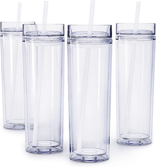 Maars Skinny Clear Tumbler with Lid and Straw | 16oz Premium Acrylic, Insulated Double Wall Plastic Reusable Water Cups, BPA-Free To Go Cups for Iced Coffee, Juice & Ice Tea