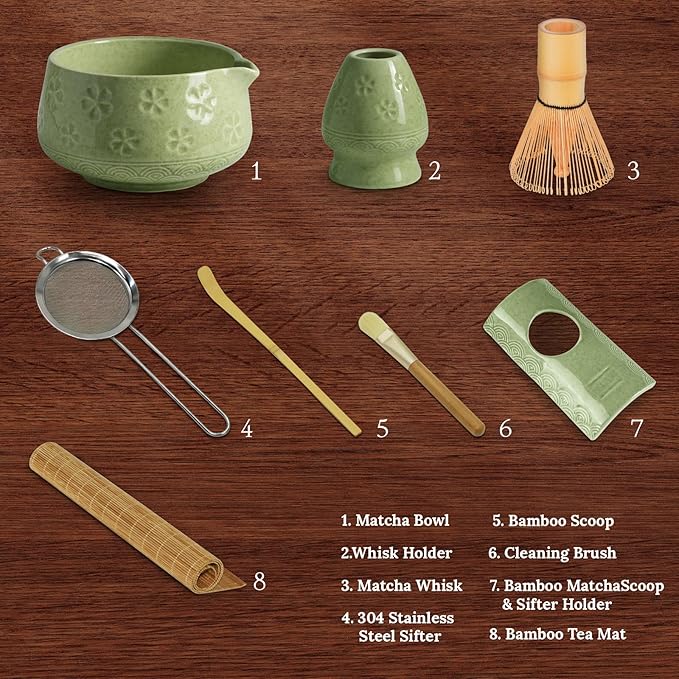 8 Pcs Matcha Whisk Set: Matcha Bowl, Whisk and Holder, Cleaning Brush, Bamboo Scoop, 304 Sifter, Tool Holder, Tea Mat – Matcha Set Kit Gifts for Women, Mom, Valentines Day (Mottled Green)
