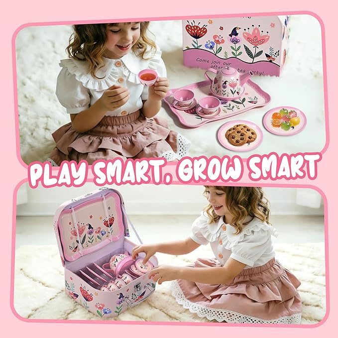 Floral Tea Party Set for Little Girls Ages 3-6, 15-Piece Pretend Play Kitchen Toys with Teapot, Cups, Plates & Storage Case, Princess Gift Set (Pink)