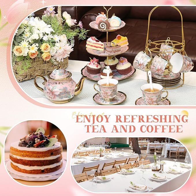 21 Pcs Ceramic Teapot Set Vintage Porcelain Tea Cups with Metal Holder and High Tier Cupcake Stand Saucers for Women Girls Farmhouse European Weddings Party Decor Gifts(Pink,Spring)