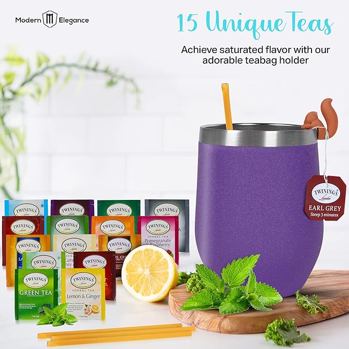 Modern Elegance Tea Gift Set, Includes 15 Teas, Stainless Steel Tumbler, Honey Straws, Tea Spoon Squeezer, Squirrel Tea Bag Holder (Purple)