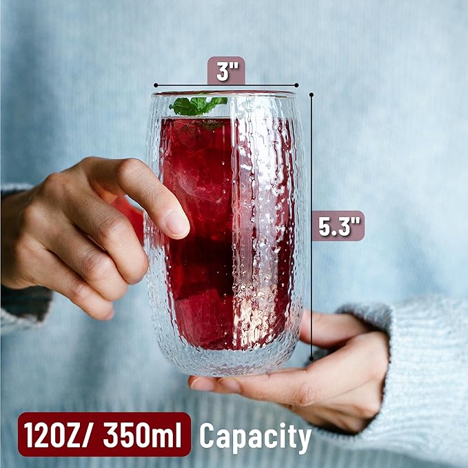 BTaT- Double Walled Glasses, 4 Pack, 12 oz (350 ml), Insulated Dotted Glass Cups, Double Wall Drinking Glasses for Iced Tea, Juices, Water, Cocktails, Hot and Cold Beverages
