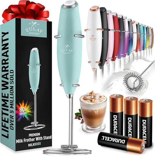 Zulay Kitchen Powerful Milk Frother Wand With 4 AA Duracell Batteries - Ultra Fast Handheld Drink Mixer - Electric Whisk Foam Maker for Coffee, Lattes, Cappuccino, Matcha & Creamer