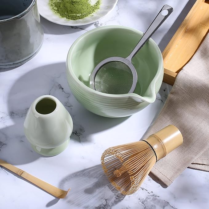 Ceremony Matcha Kit - Bamboo Matcha Whisk (Chasen) Scoop (Chashaku) Bowl with Pouring Spout Whisk Holder Sifter Tea Tray- Perfect Matcha Set (Ivory White, Set of 7)