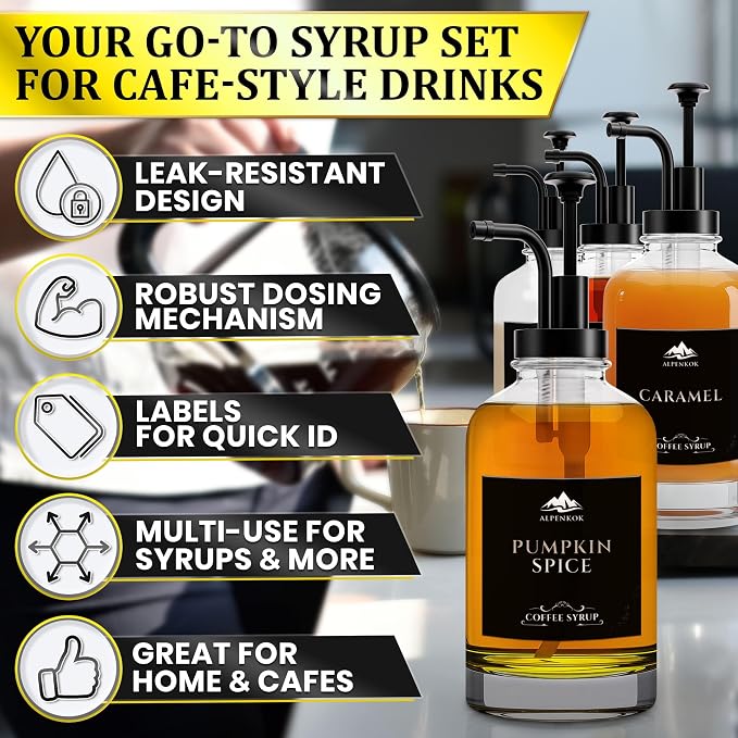Set of 4 Glass Coffee Syrup Dispenser with Pump 16.9oz 500 ml – 18 Marked Labels – Leak-Proof Glass Syrup Bottles for Coffee Bar, Espresso Station & Barista Setups | Parties & Event Ready (Black) - Image 4