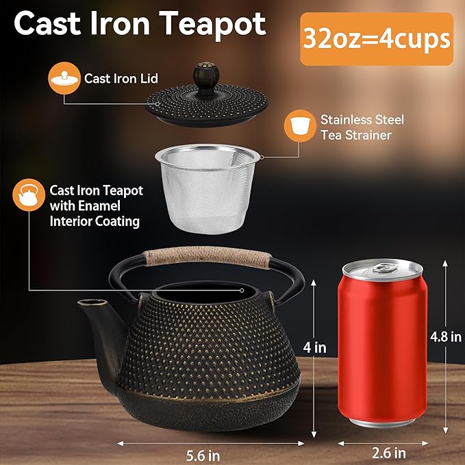 Cast Iron Teapot, 32 oz (950 ml) Japanese Tetsubin Tea Pot with Infuser for Stovetop Safe, Tea Kettle with Enameled Interior for Loose Leaf Tea and Tea Bags