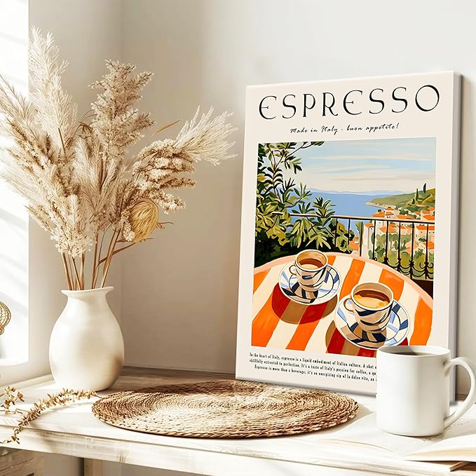 Vintage Espresso Kitchen Wall Art – Retro Italy Coffee Sign Canvas Prints – Framed Cozy Coffee Bar Wall Decor for Dining Room Kitchen Home Decoration – 12x16in