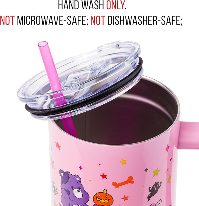 Silver Buffalo Care Bears Featuring Harmony Bear, Cheer, Share Bear, and Trick-or-Sweet Halloween Double Walled Stainless Steel Tumbler with Handle and Straw, Fits in Standard Cup Holder, 40 Ounces